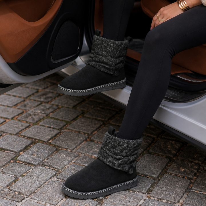 Damen Winterstiefel mit Strickstulpe und Schnallenriemen – Schwarz