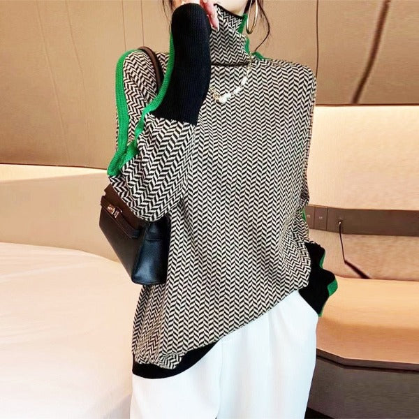 Rosel Damen Rollkragenpullover mit Fischgratmuster und Ärmelstreifen – Grün