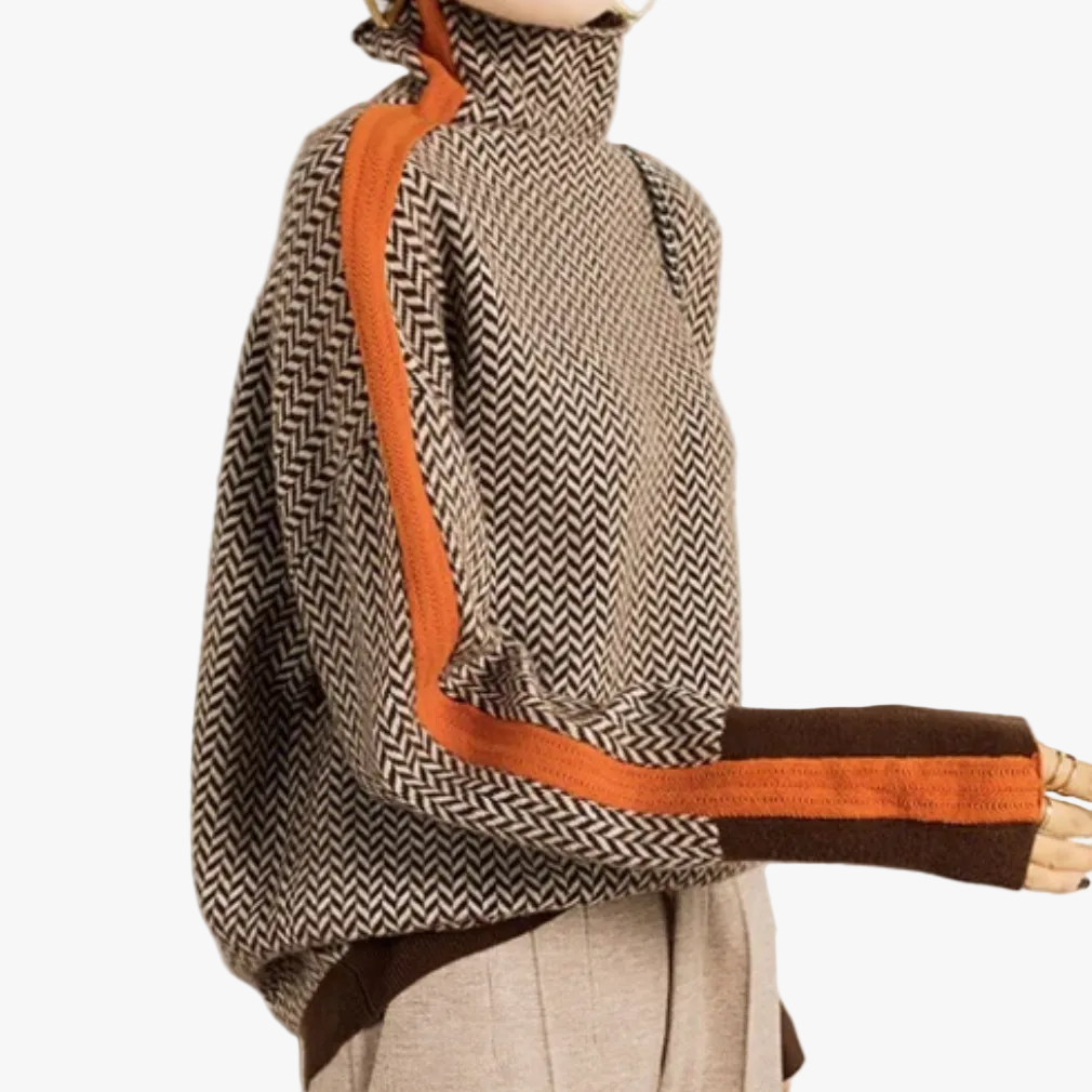 Rosel Damen Rollkragenpullover mit Fischgratmuster und Ärmelstreifen – Orange