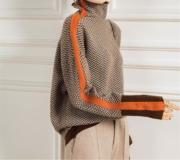Rosel Damen Rollkragenpullover mit Fischgratmuster und Ärmelstreifen