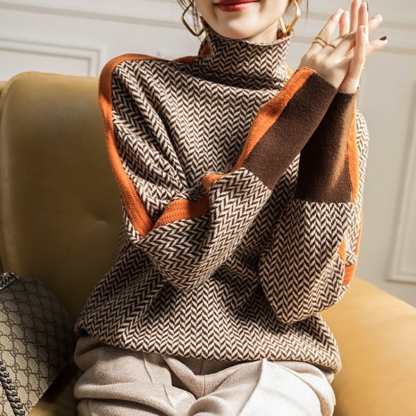 Rosel Damen Rollkragenpullover mit Fischgratmuster und Ärmelstreifen