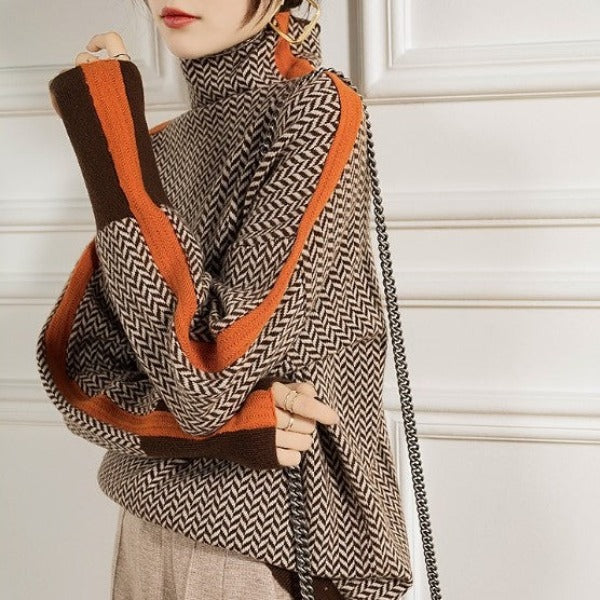 Rosel Damen Rollkragenpullover mit Fischgratmuster und Ärmelstreifen