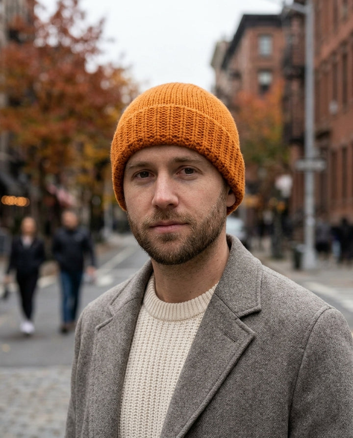 Herren Grobstrick-Beanie mit breitem Umschlag – Orange