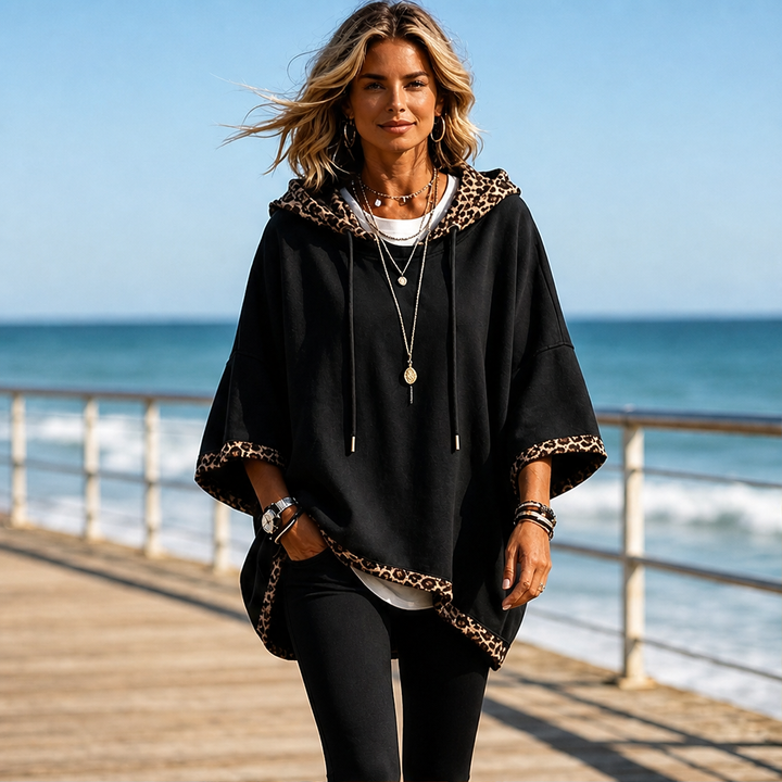 Runa Damen Oversize-Poncho-Hoodie mit Kapuze und Leopardenbesatz