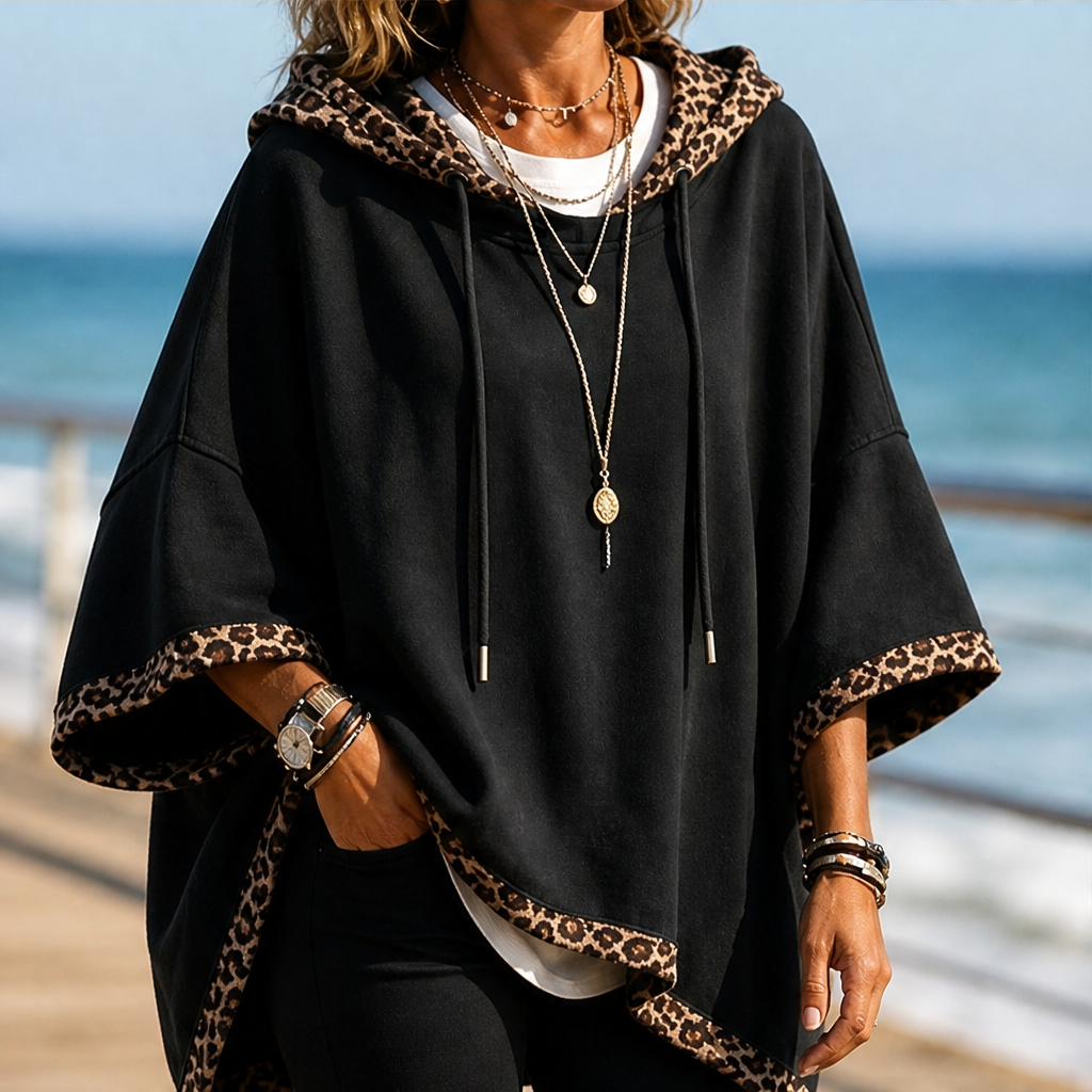 Runa Damen Oversize-Poncho-Hoodie mit Kapuze und Leopardenbesatz