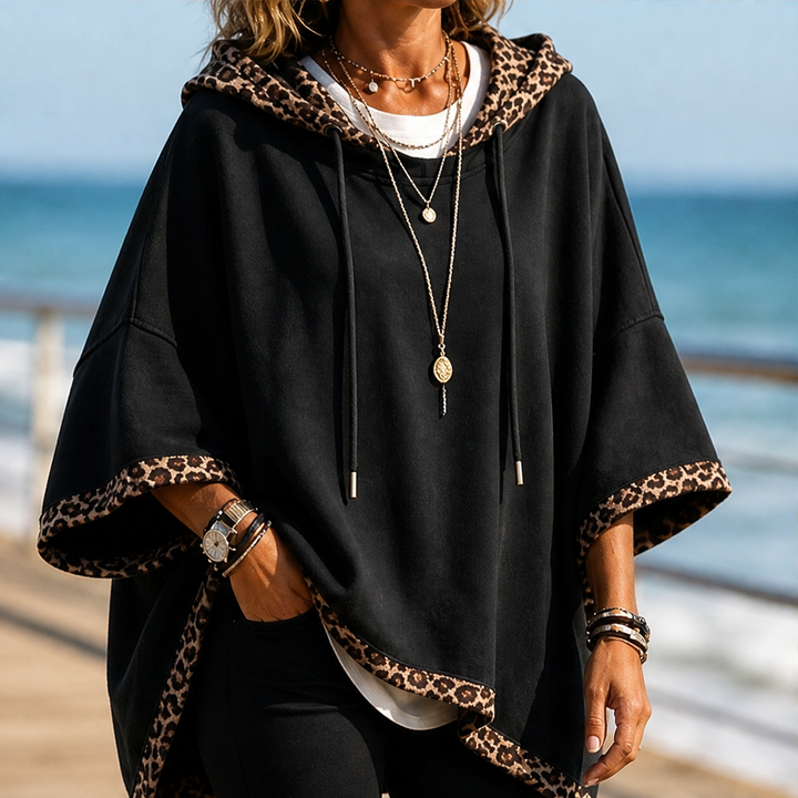 Runa Damen Oversize-Poncho-Hoodie mit Kapuze und Leopardenbesatz