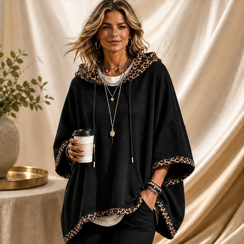 Runa Damen Oversize-Poncho-Hoodie mit Kapuze und Leopardenbesatz