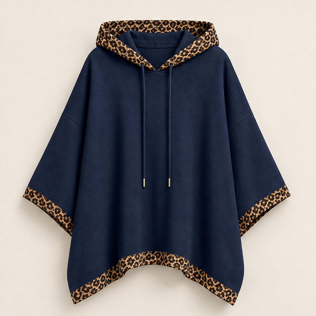 Runa Damen Oversize-Poncho-Hoodie mit Kapuze und Leopardenbesatz in Marineblau