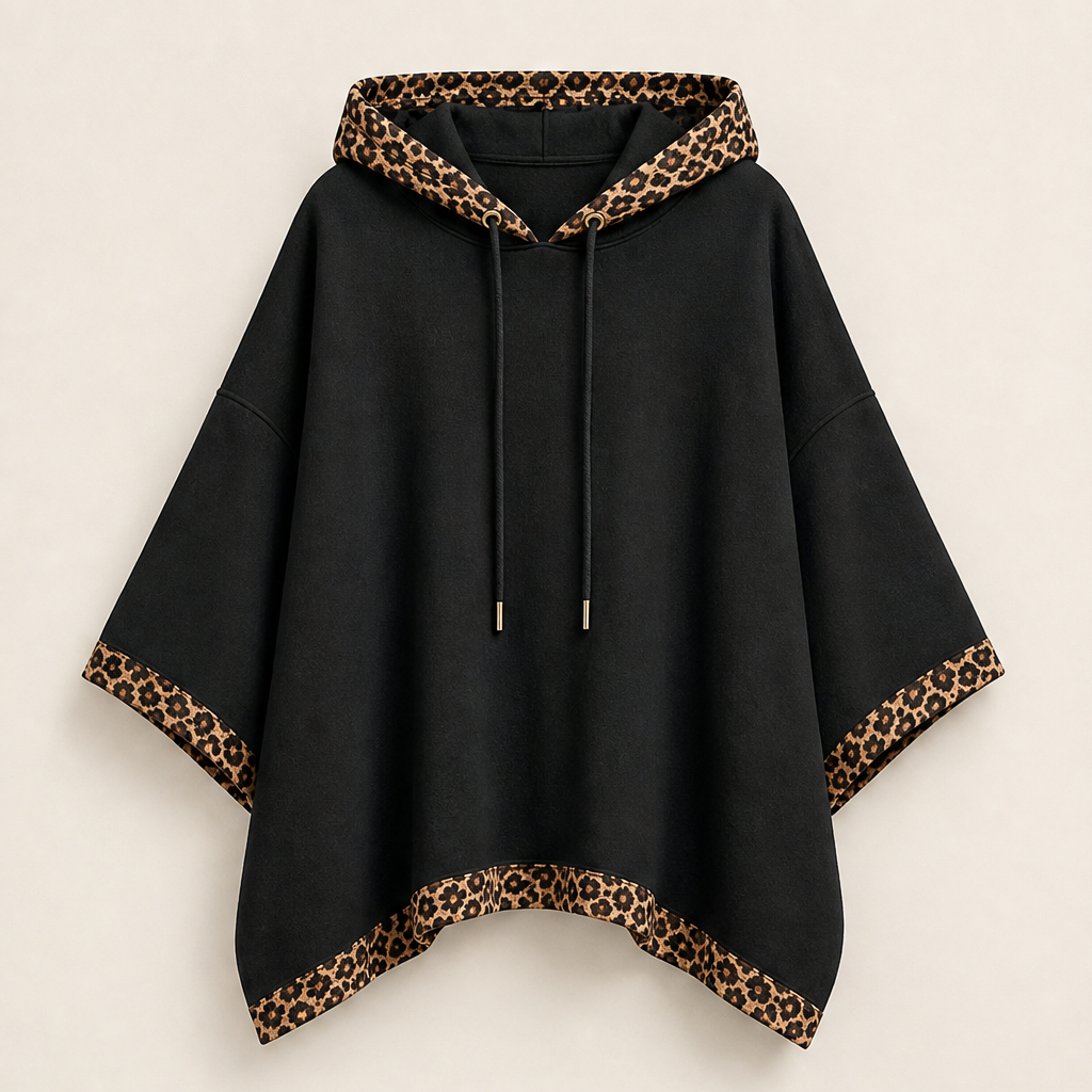 Runa Damen Oversize-Poncho-Hoodie mit Kapuze und Leopardenbesatz in Schwarz