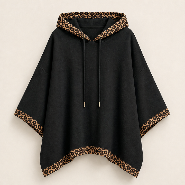 Runa Damen Oversize-Poncho-Hoodie mit Kapuze und Leopardenbesatz in Schwarz