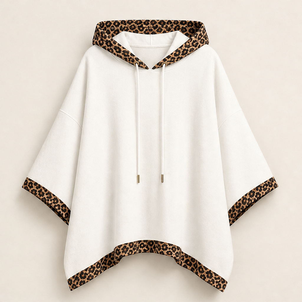 Runa Damen Oversize-Poncho-Hoodie mit Kapuze und Leopardenbesatz in Weiß