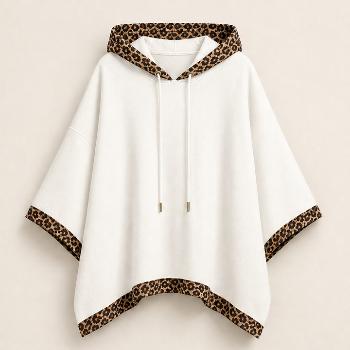 Runa Damen Oversize-Poncho-Hoodie mit Kapuze und Leopardenbesatz in Weiß