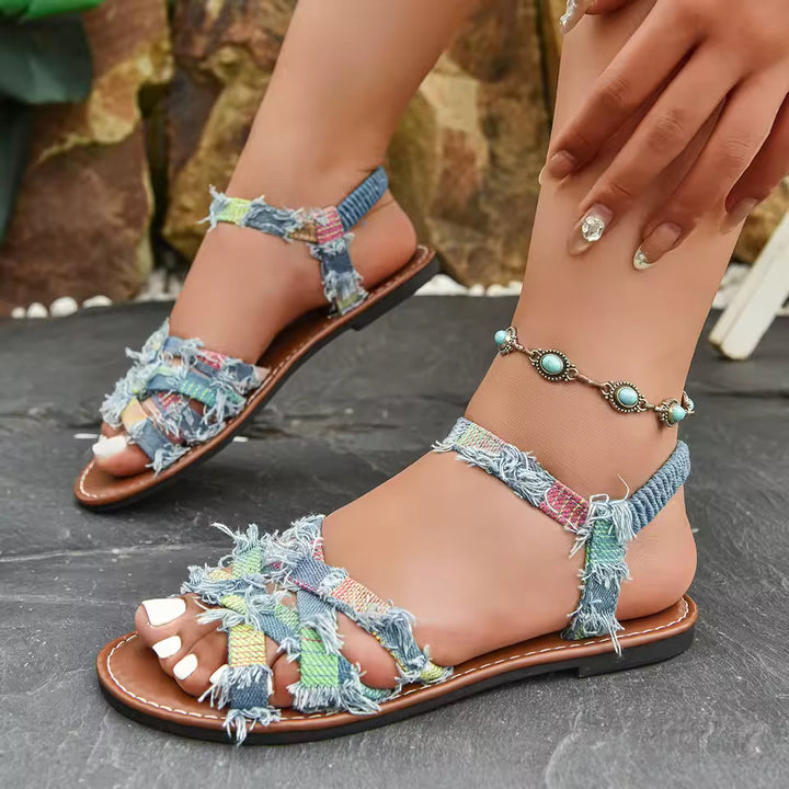 Sandalen Damen mit Ausgefransten Riemen und Flacher Sohle