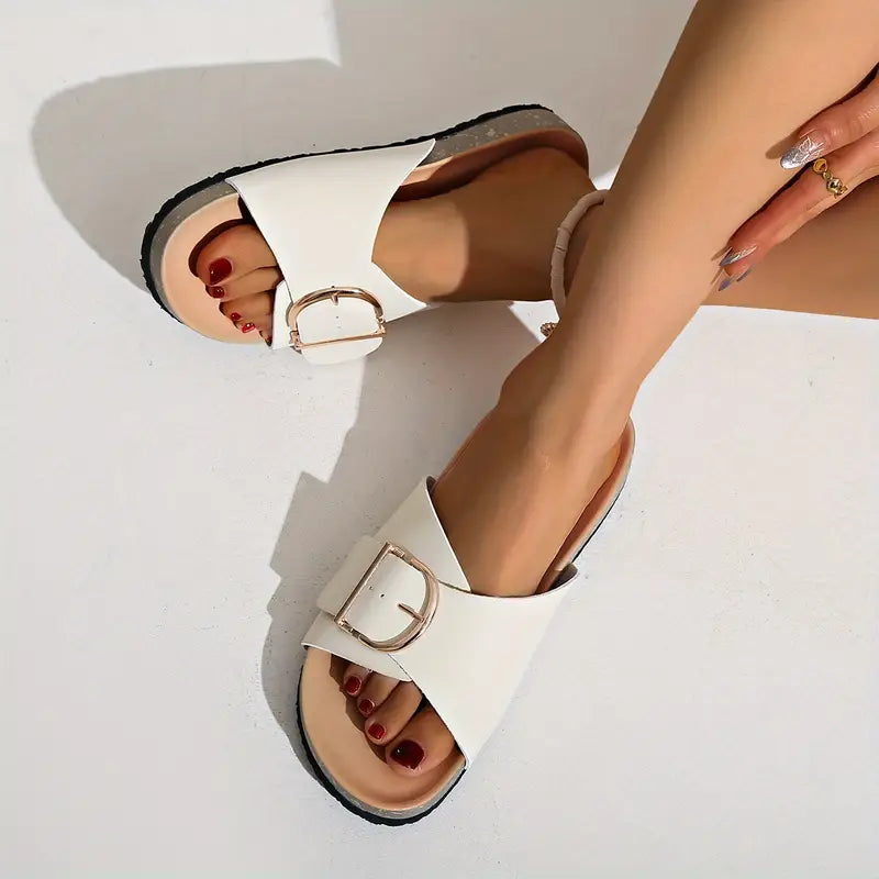 Sandalen Damen mit breitem Riemen und Metall-Schnalle auf Korkoptik-Sohle