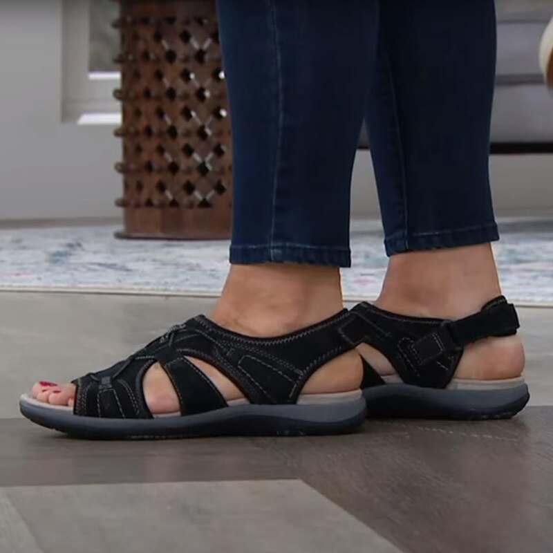 Sandalen Damen mit breiten Kreuzriemen Klettverschluss und offener Zehenpartie
