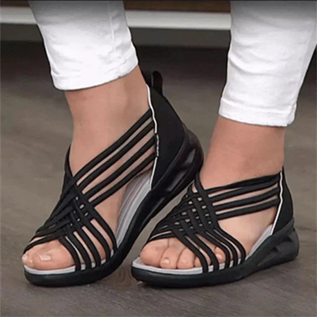 Sandalen Damen Riemchen-Sandalen mit Keilabsatz und Streifenmuster