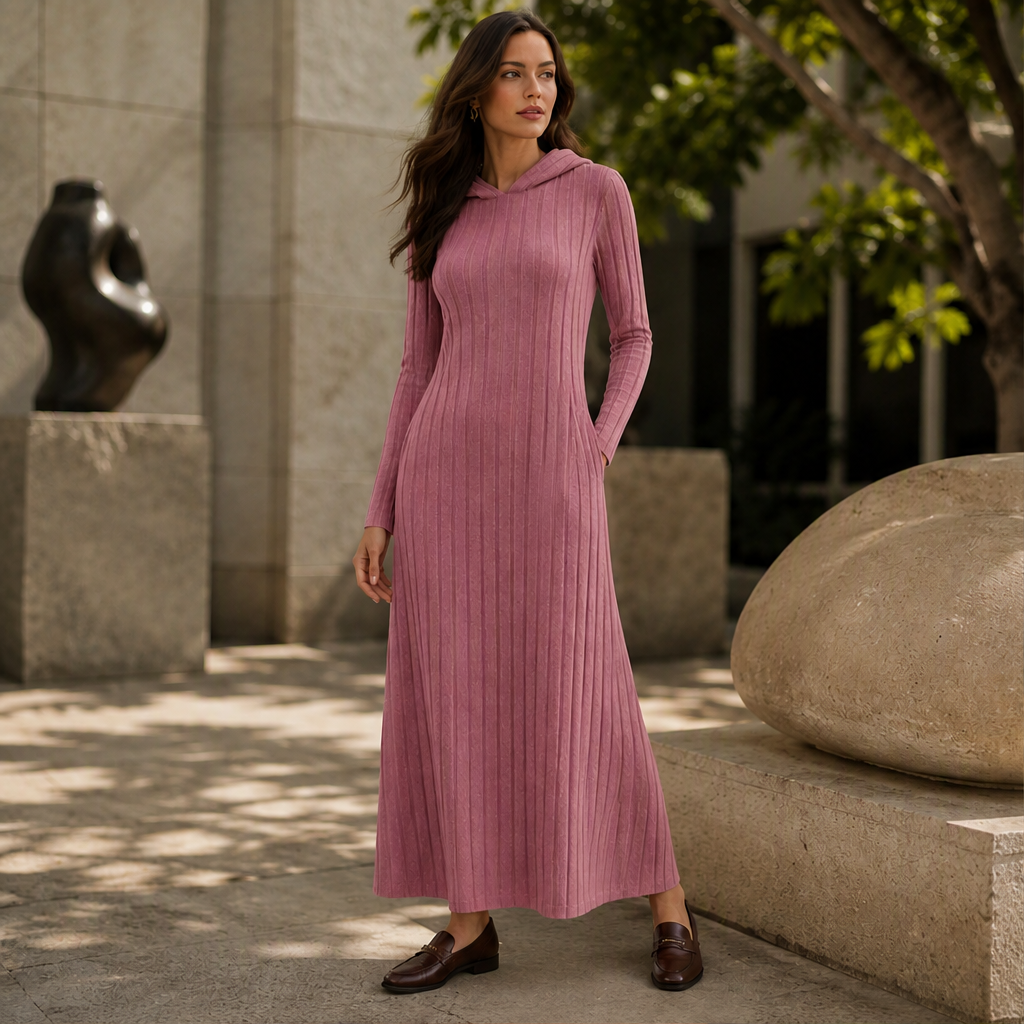 Smilla Damen Maxikleid aus Rippstrick mit Kapuze und Seitentaschen