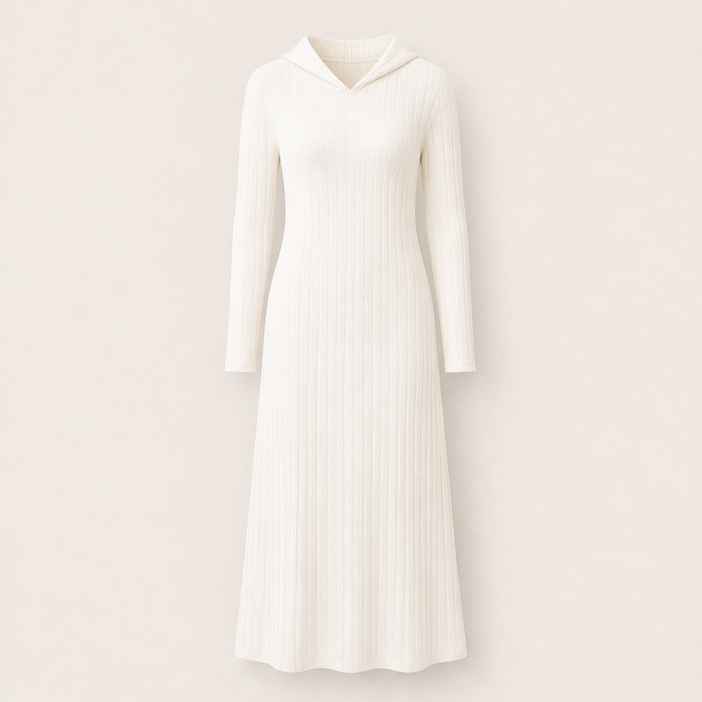 Smilla Damen Maxikleid aus Rippstrick mit Kapuze und Seitentaschen – Beige