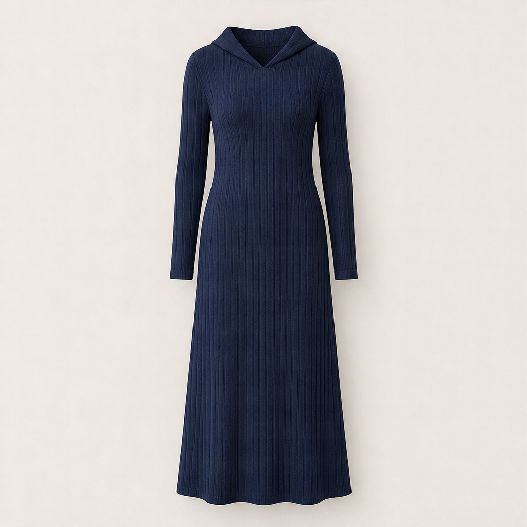 Smilla Damen Maxikleid aus Rippstrick mit Kapuze und Seitentaschen – Marineblau