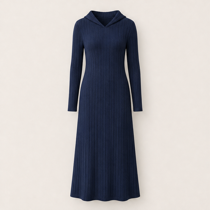 Smilla Damen Maxikleid aus Rippstrick mit Kapuze und Seitentaschen – Marineblau