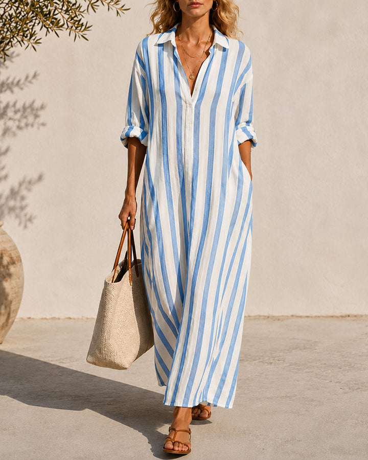 Smilla Damen Maxikleid mit Streifen, Hemdkragen und Seitenschlitzen