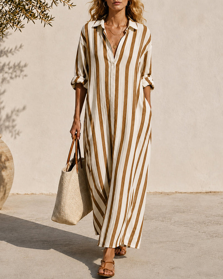 Smilla Damen Maxikleid mit Streifen, Hemdkragen und Seitenschlitzen