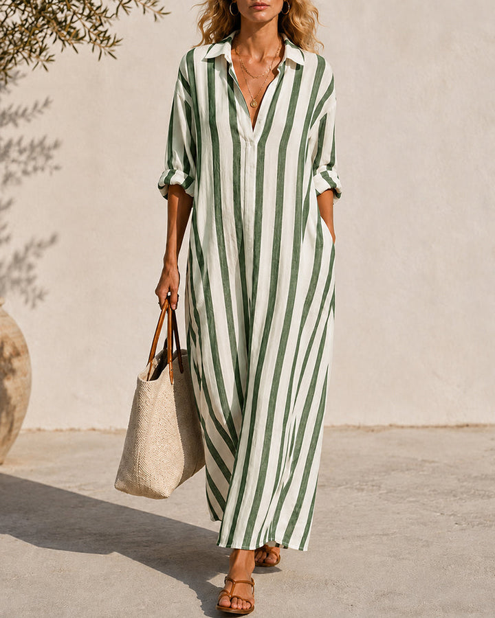 Smilla Damen Maxikleid mit Streifen, Hemdkragen und Seitenschlitzen