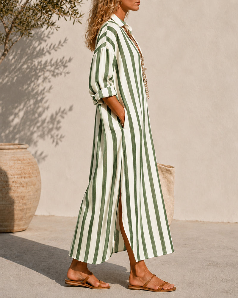 Smilla Damen Maxikleid mit Streifen, Hemdkragen und Seitenschlitzen