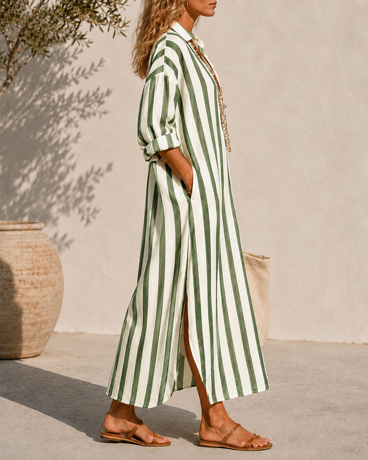 Smilla Damen Maxikleid mit Streifen, Hemdkragen und Seitenschlitzen
