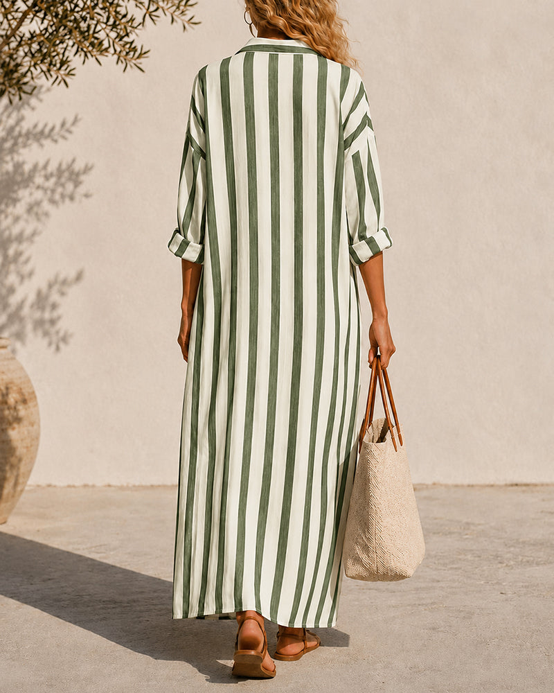 Smilla Damen Maxikleid mit Streifen, Hemdkragen und Seitenschlitzen