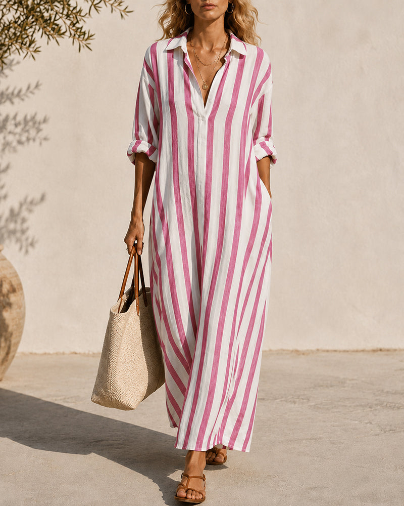 Smilla Damen Maxikleid mit Streifen, Hemdkragen und Seitenschlitzen
