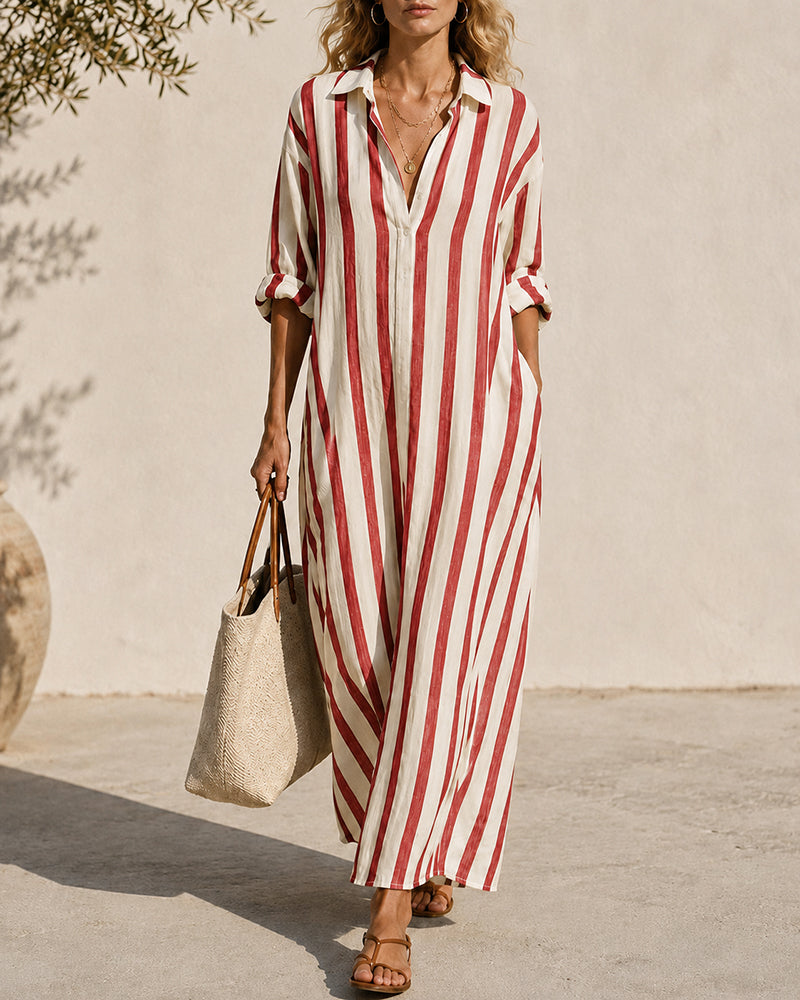 Smilla Damen Maxikleid mit Streifen, Hemdkragen und Seitenschlitzen