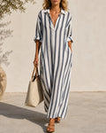 Smilla | Damen Maxikleid mit Streifen, Hemdkragen und Seitenschlitzen