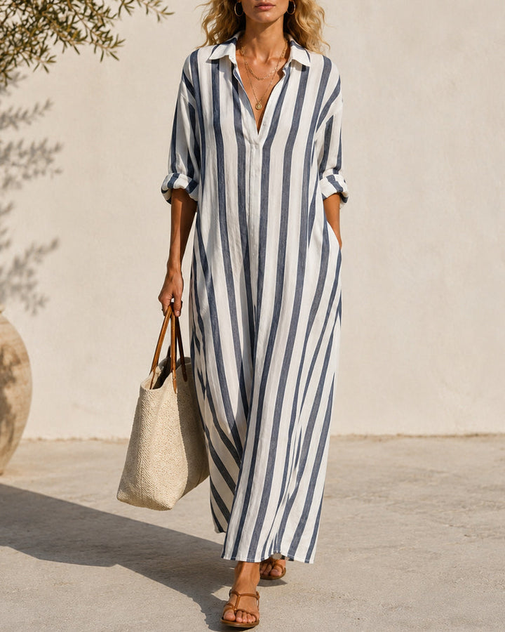 Smilla Damen Maxikleid mit Streifen, Hemdkragen und Seitenschlitzen
