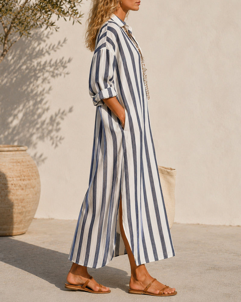 Smilla Damen Maxikleid mit Streifen, Hemdkragen und Seitenschlitzen