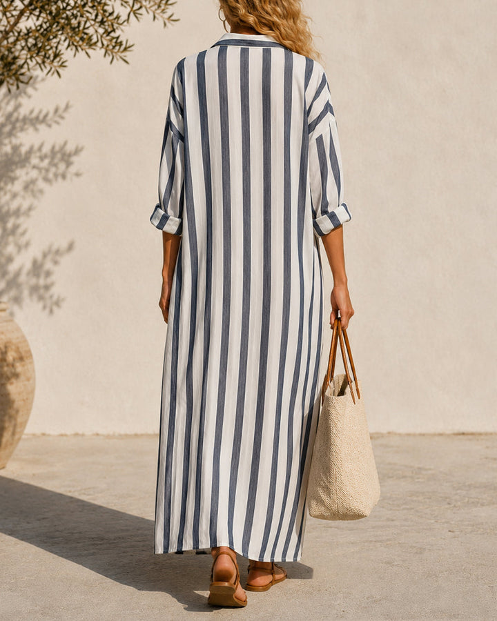 Smilla Damen Maxikleid mit Streifen, Hemdkragen und Seitenschlitzen