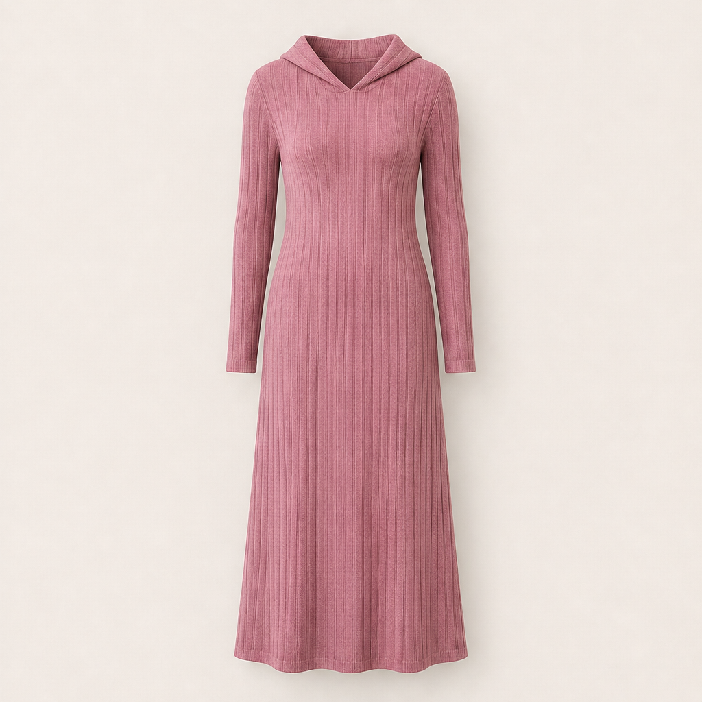 Smilla Damen Maxikleid aus Rippstrick mit Kapuze und Seitentaschen – Rosa