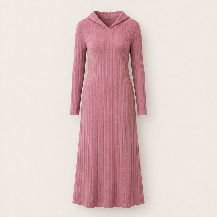 Smilla Damen Maxikleid aus Rippstrick mit Kapuze und Seitentaschen – Rosa