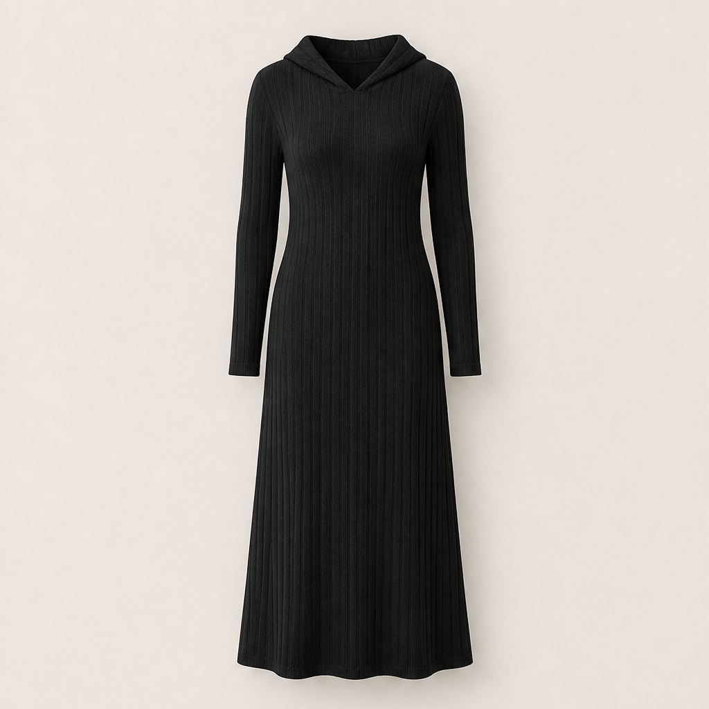 Smilla Damen Maxikleid aus Rippstrick mit Kapuze und Seitentaschen – Schwarz