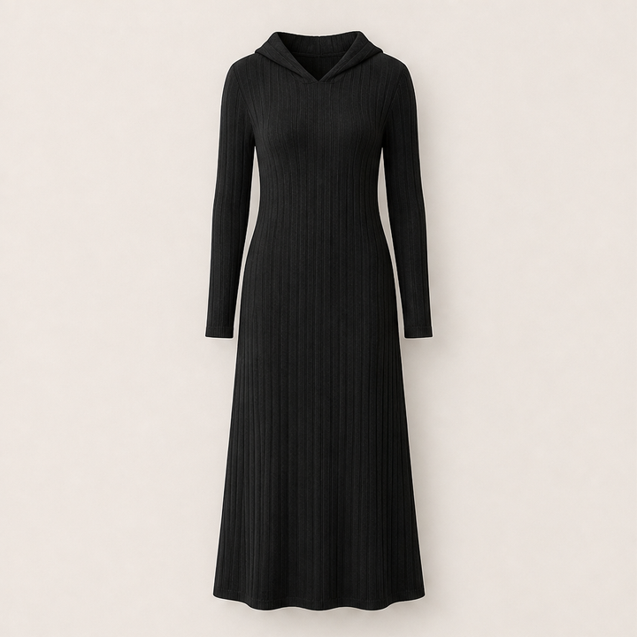 Smilla Damen Maxikleid aus Rippstrick mit Kapuze und Seitentaschen – Schwarz