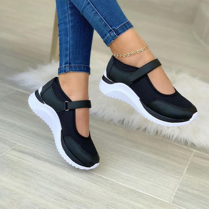 Sneaker Damen mit Netzmuster und Mary-Jane-Riemen und Plattformsohle