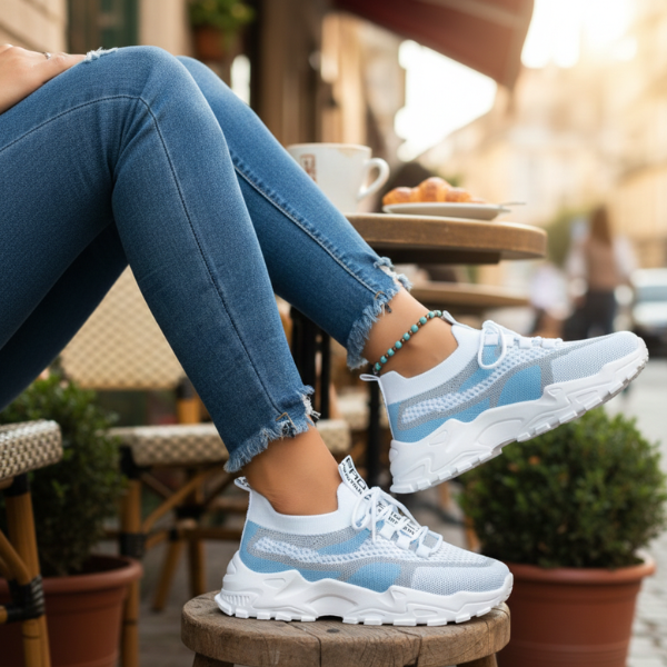 Sneaker Damen mit Netzobermaterial und Zweifarbigem Blockpanel und Plateausohle