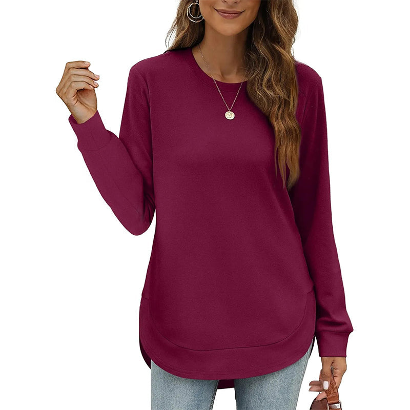 Svea Damen Langarmshirt mit Rundhals und abgerundetem High-Low-Saum – Bordeaux