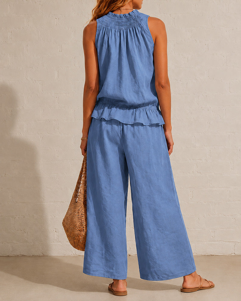 Svea | Damen Zweiteiler mit ärmellosem Rüschentop und weiter Hose – Blau