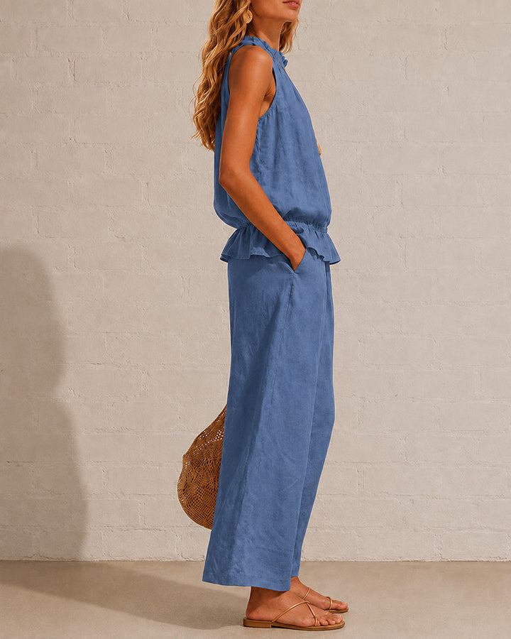 Svea | Damen Zweiteiler mit ärmellosem Rüschentop und weiter Hose – Blau