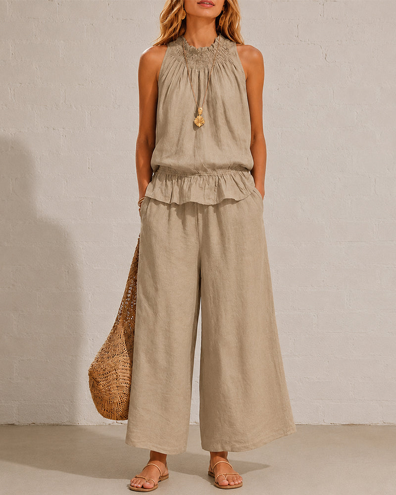 Svea | Damen Zweiteiler mit ärmellosem Rüschentop und weiter Hose – Khaki