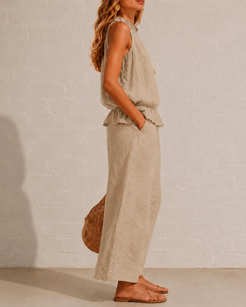 Svea | Damen Zweiteiler mit ärmellosem Rüschentop und weiter Hose – Khaki