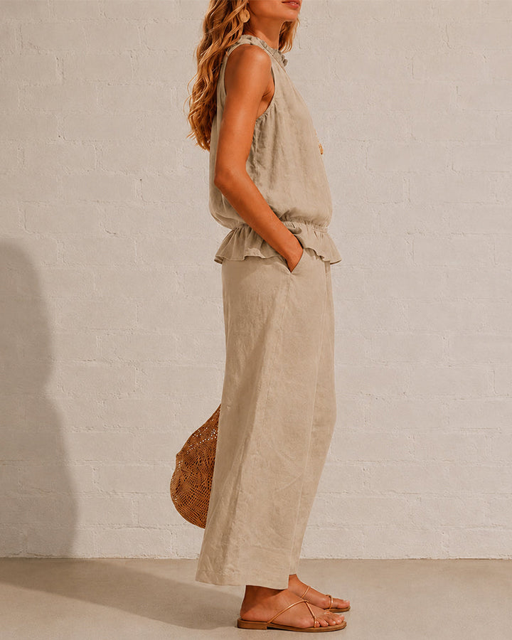 Svea | Damen Zweiteiler mit ärmellosem Rüschentop und weiter Hose – Khaki