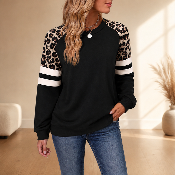 Svenja Damen Colorblock-Sweatshirt mit Rundhals und Leopardenärmeln