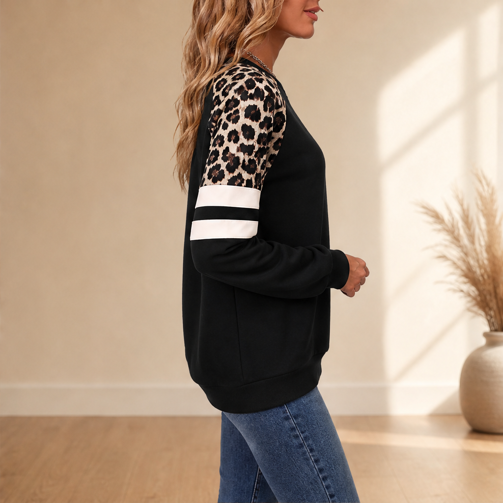 Svenja Damen Colorblock-Sweatshirt mit Rundhals und Leopardenärmeln